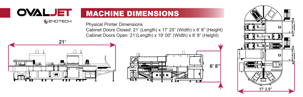 Machine drawings for the OvalJet printer. Shows dimensions from above, side, and front of machine. 