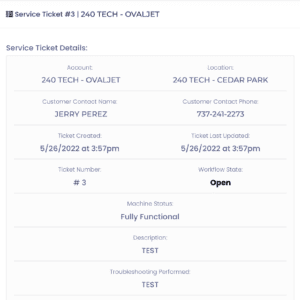 Completed service ticket on the 240 Tech portal. detects the account, location, contact name, contact phone number, ticket creation time, and more information a customer submits to the portal.